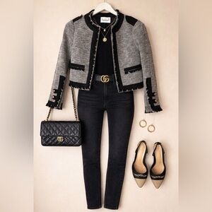 Adolfo Dominguez tweed chic short blended knit jacket frayed edges xs/s open